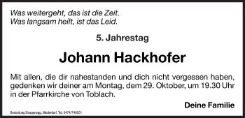 Traueranzeige von Johann Hackhofer von Dolomiten