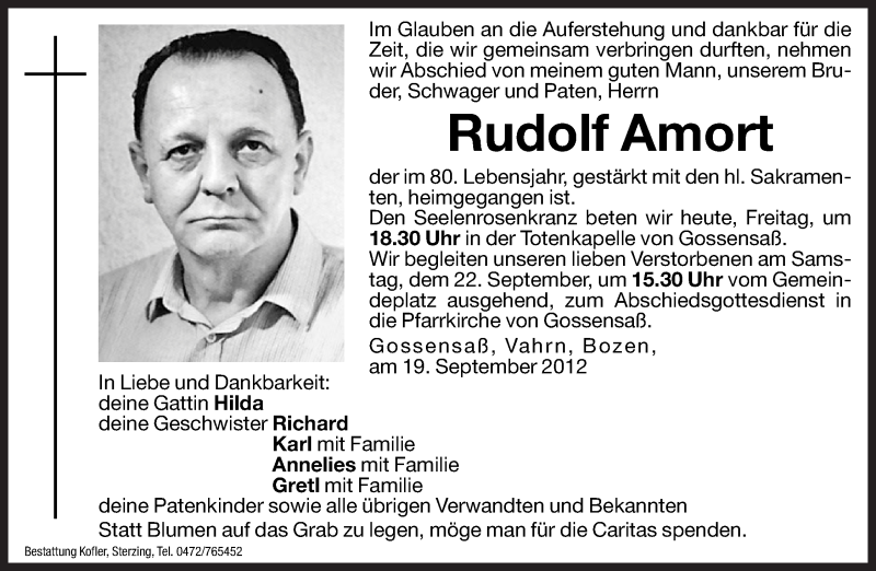  Traueranzeige für Rudolf Amort vom 21.09.2012 aus Dolomiten