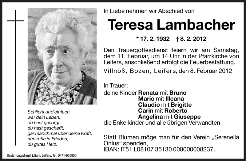  Traueranzeige für Teresa Lambacher vom 10.02.2012 aus Dolomiten