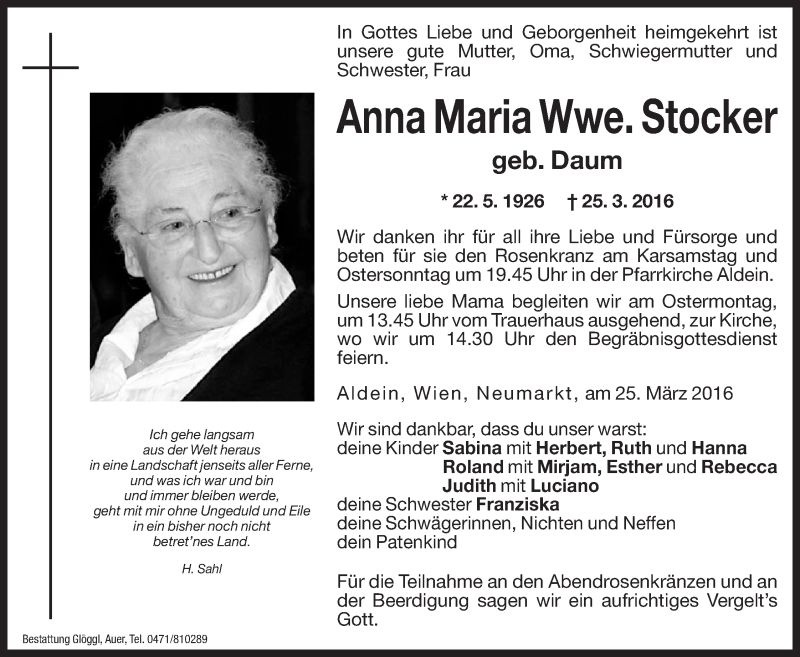  Traueranzeige für Anna Maria Stocker vom 26.03.2016 aus Dolomiten