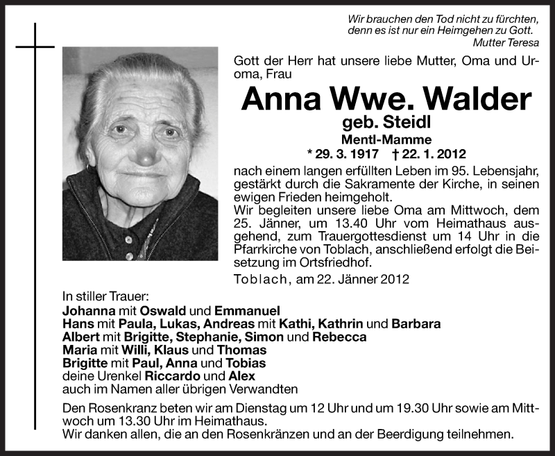  Traueranzeige für Anna Walder vom 24.01.2012 aus Dolomiten