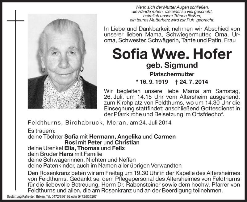  Traueranzeige für Sofia Hofer vom 25.07.2014 aus Dolomiten