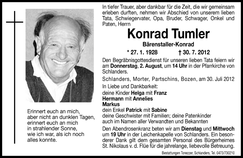  Traueranzeige für Konrad Tumler vom 31.07.2012 aus Dolomiten