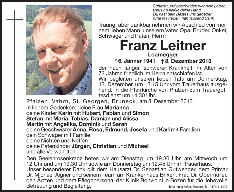  Traueranzeige für Franz Leitner vom 10.12.2013 aus Dolomiten