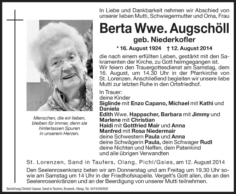  Traueranzeige für Berta Augschöll vom 14.08.2014 aus Dolomiten