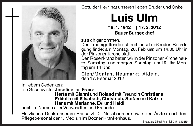  Traueranzeige für Luis Ulm vom 18.02.2012 aus Dolomiten