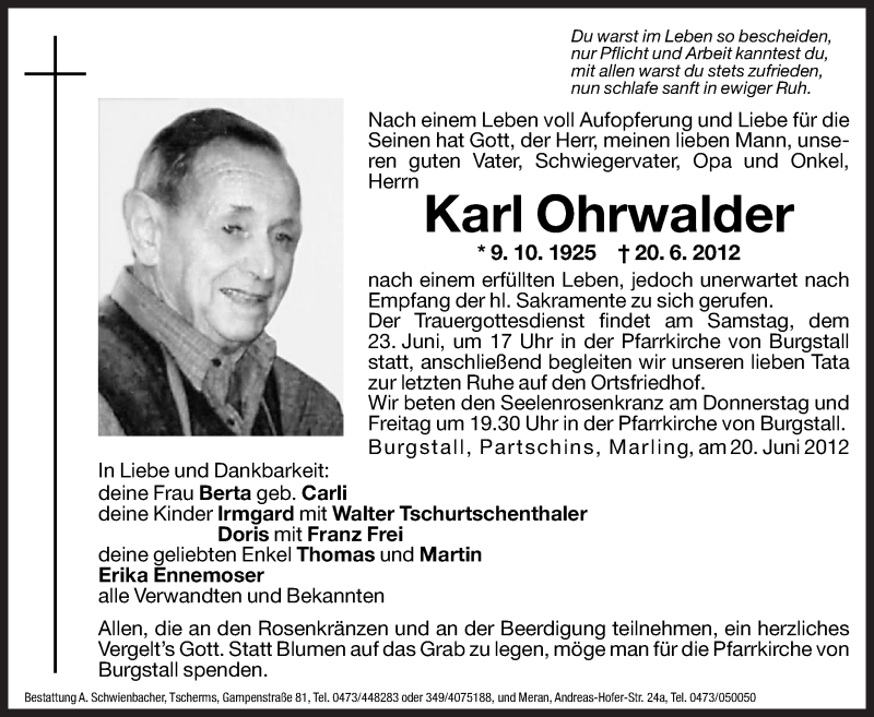  Traueranzeige für Karl Ohrwalder vom 21.06.2012 aus Dolomiten