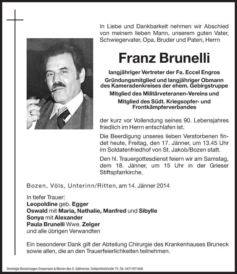  Traueranzeige für Franz Brunelli vom 17.01.2014 aus Dolomiten