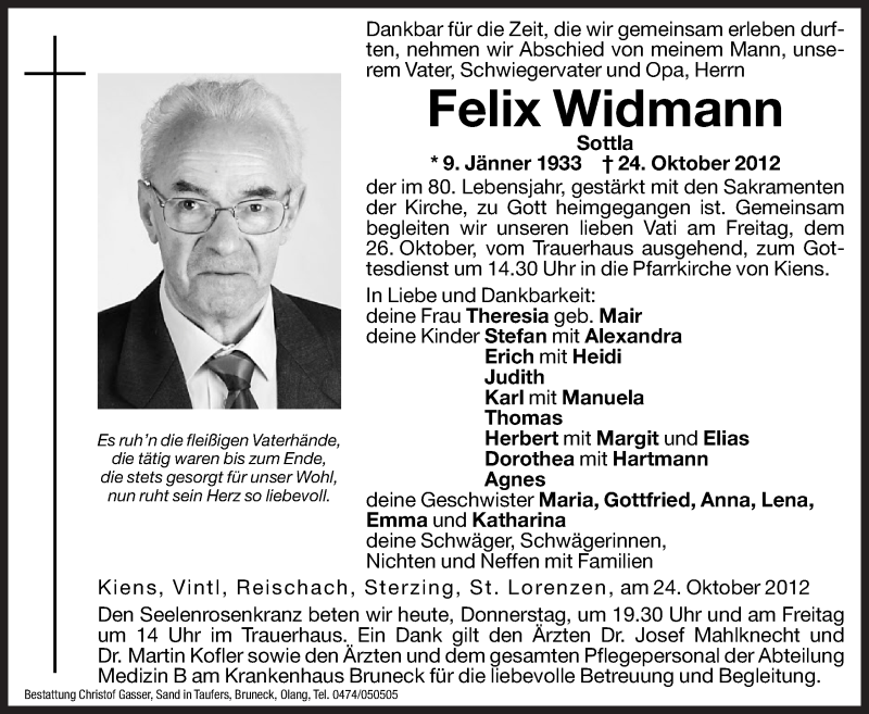  Traueranzeige für Felix Widmann vom 25.10.2012 aus Dolomiten