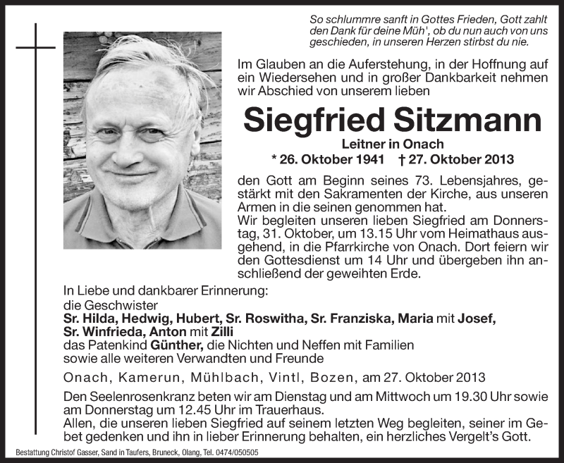  Traueranzeige für Siegfried Sitzmann vom 29.10.2013 aus Dolomiten