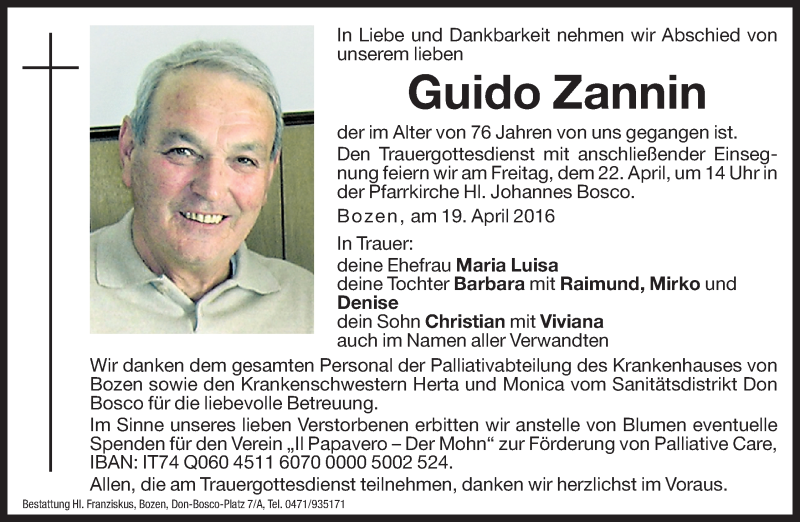  Traueranzeige für Guido Zannin vom 21.04.2016 aus Dolomiten