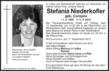 Traueranzeige von Stefania Niederkofler von Dolomiten