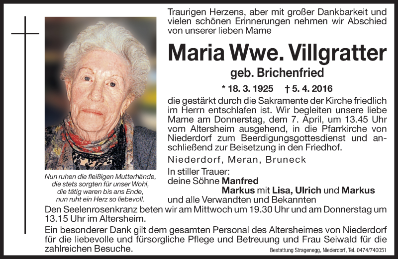  Traueranzeige für Maria Villgratter vom 06.04.2016 aus Dolomiten