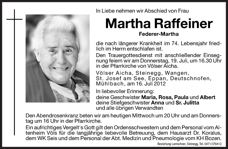  Traueranzeige für Martha Raffeiner vom 18.07.2012 aus Dolomiten