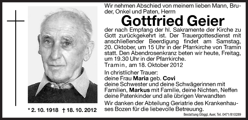  Traueranzeige für Gottfried Geier vom 19.10.2012 aus Dolomiten