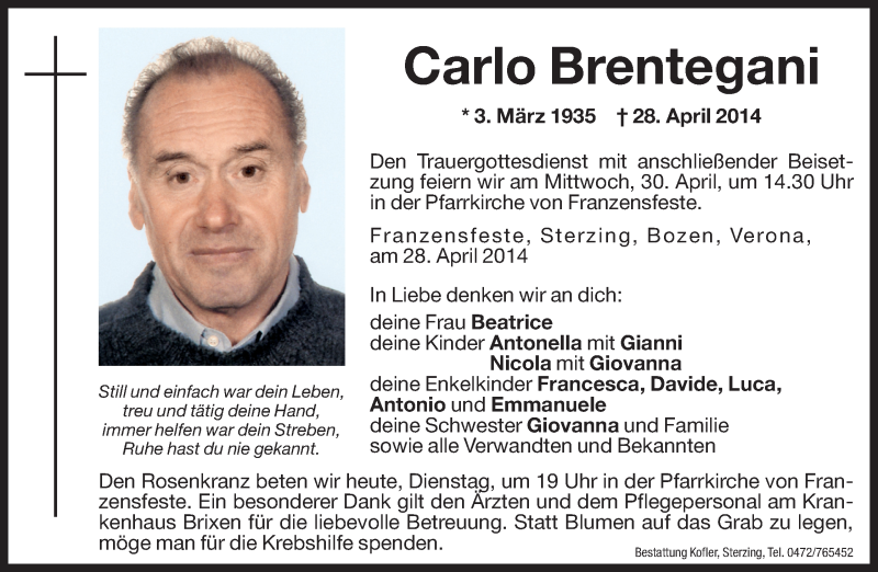  Traueranzeige für Carlo Brentegani vom 29.04.2014 aus Dolomiten