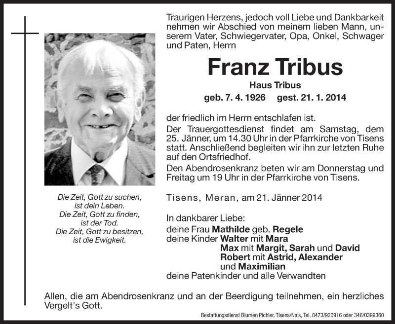  Traueranzeige für Franz Tribus vom 23.01.2014 aus Dolomiten