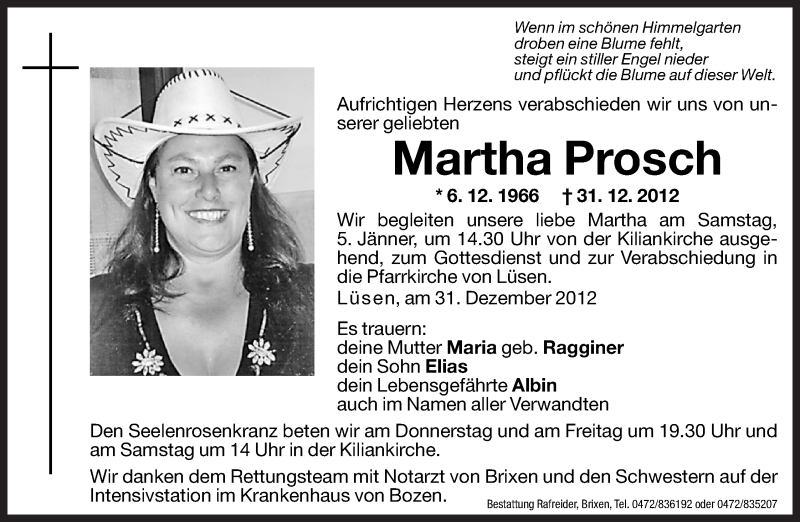  Traueranzeige für Martha Prosch vom 03.01.2013 aus Dolomiten