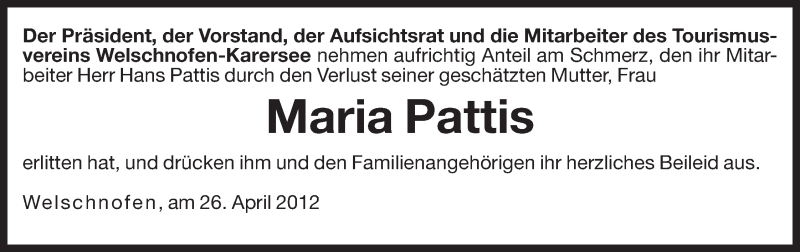  Traueranzeige für Maria Pattis vom 27.04.2012 aus Dolomiten
