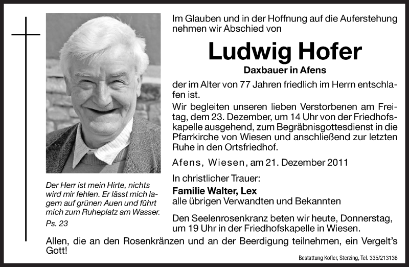  Traueranzeige für Ludwig Hofer vom 22.12.2011 aus Dolomiten