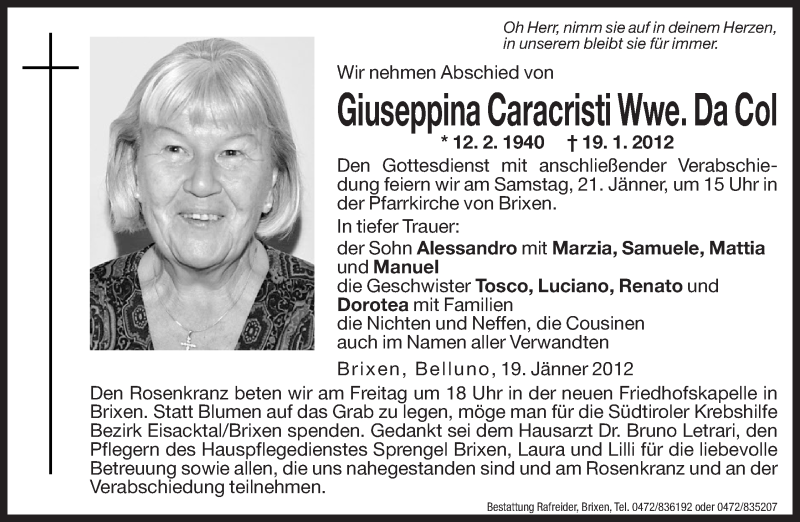  Traueranzeige für Giuseppina Da Col vom 20.01.2012 aus Dolomiten