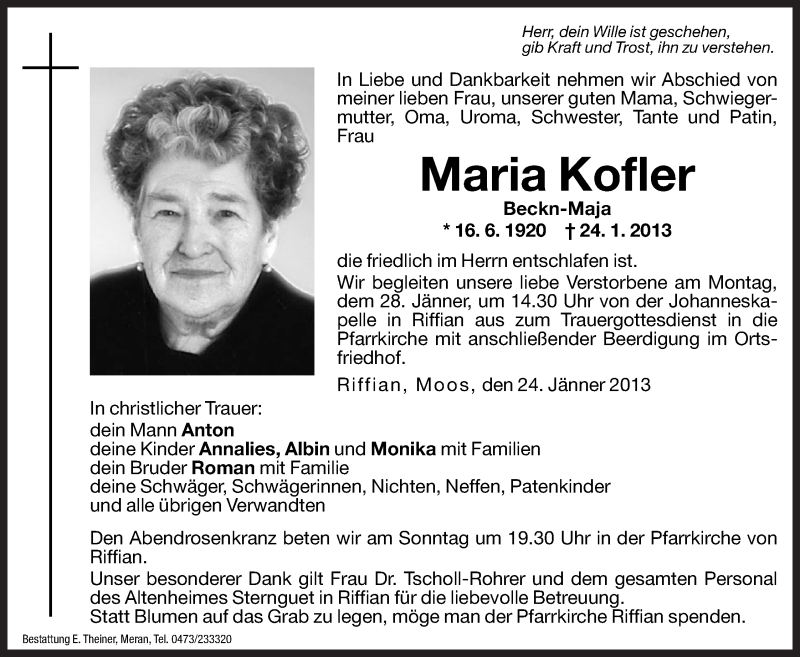  Traueranzeige für Maria Kofler vom 26.01.2013 aus Dolomiten