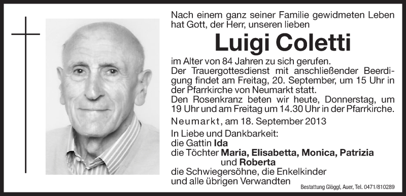  Traueranzeige für Luigi Coletti vom 19.09.2013 aus Dolomiten