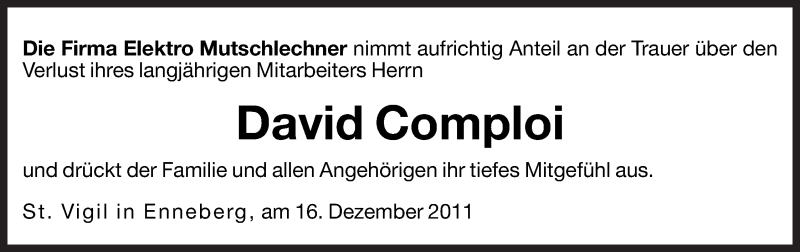  Traueranzeige für David Comploi vom 17.12.2011 aus Dolomiten