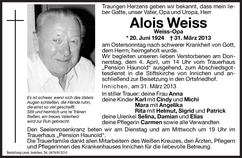  Traueranzeige für Alois Weiss vom 02.04.2013 aus Dolomiten