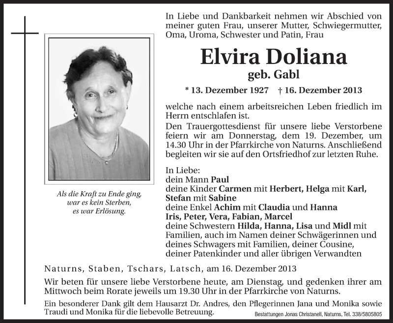  Traueranzeige für Elvira Doliana vom 17.12.2013 aus Dolomiten