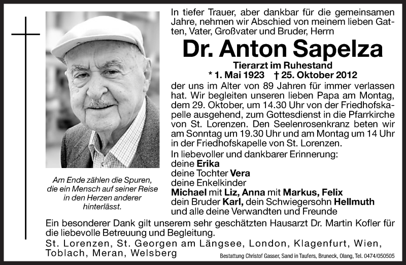  Traueranzeige für Anton Sapelza vom 27.10.2012 aus Dolomiten