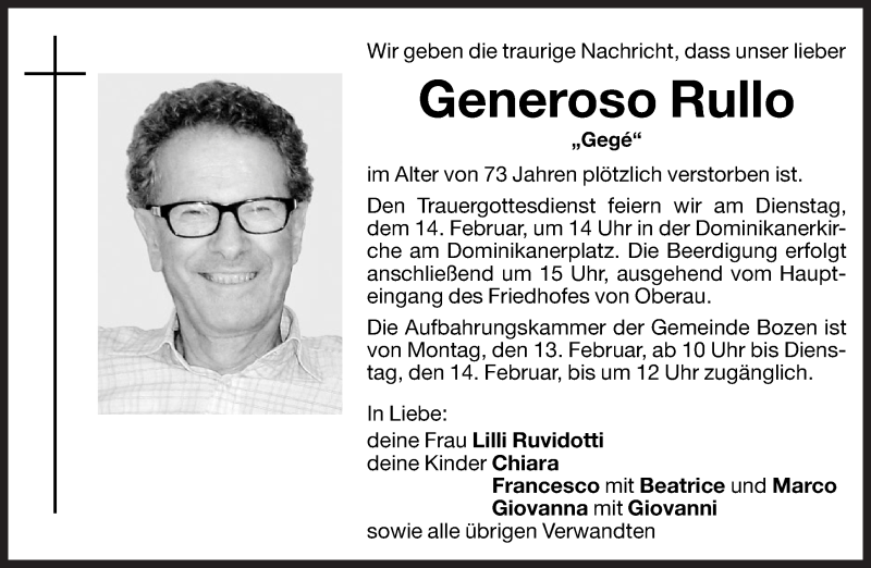  Traueranzeige für Generoso Rullo vom 14.02.2012 aus Dolomiten