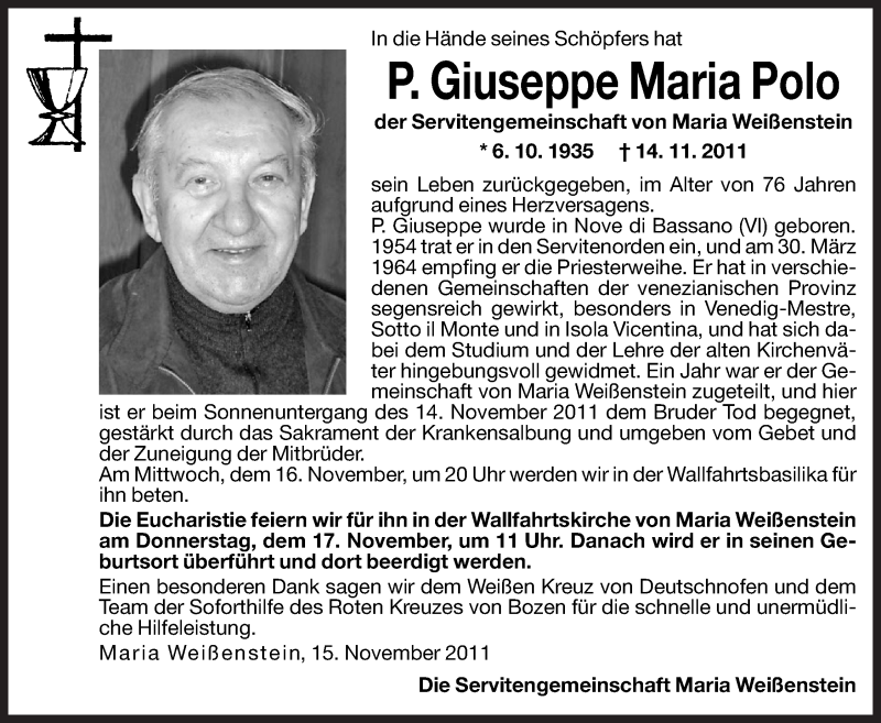  Traueranzeige für Giuseppe Maria Polo vom 16.11.2011 aus Dolomiten