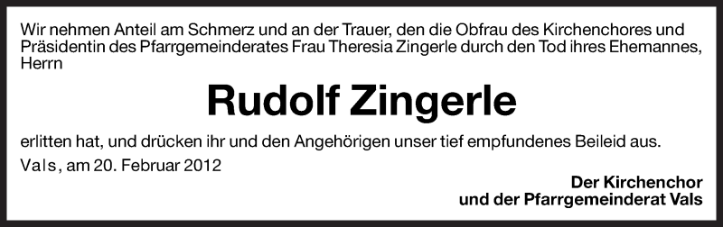  Traueranzeige für Rudolf Zingerle vom 20.02.2012 aus Dolomiten