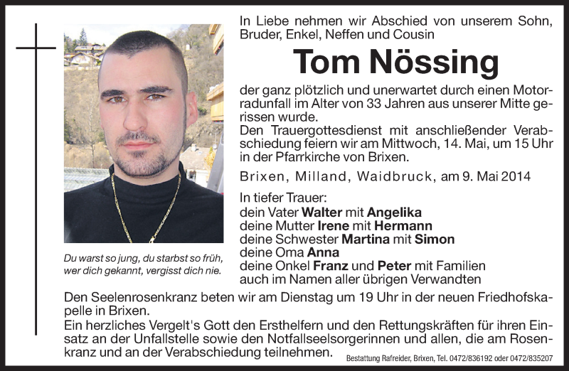  Traueranzeige für Tom Nössing vom 12.05.2014 aus Dolomiten