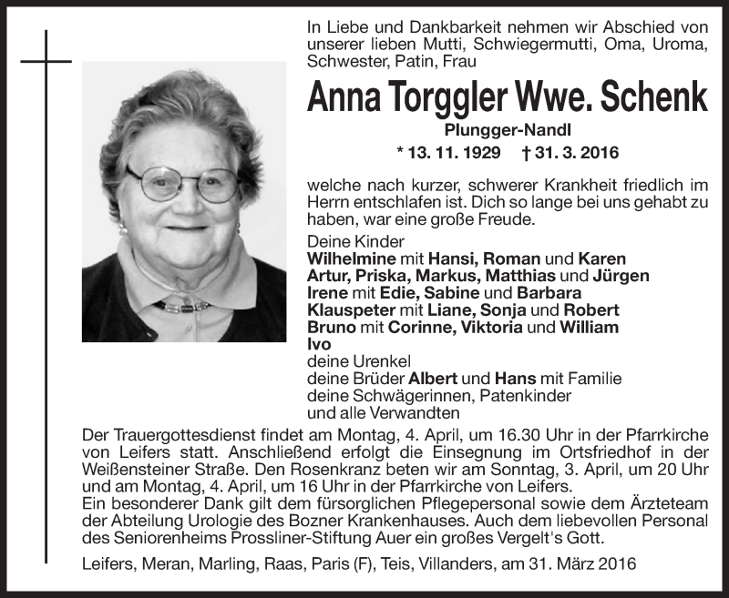  Traueranzeige für Anna Torggler vom 01.04.2016 aus Dolomiten