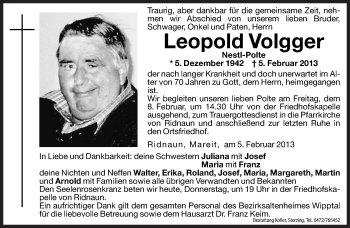 Traueranzeige von Leopold Volgger von Dolomiten