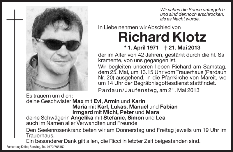  Traueranzeige für Richard Klotz vom 23.05.2013 aus Dolomiten