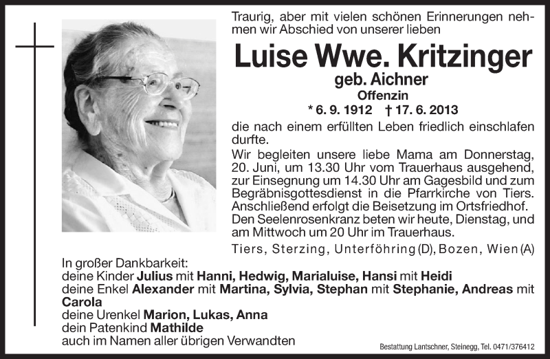  Traueranzeige für Luise Kritzinger vom 18.06.2013 aus Dolomiten