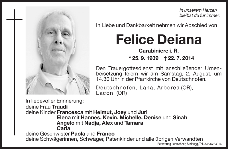  Traueranzeige für Felice Deiana vom 01.08.2014 aus Dolomiten