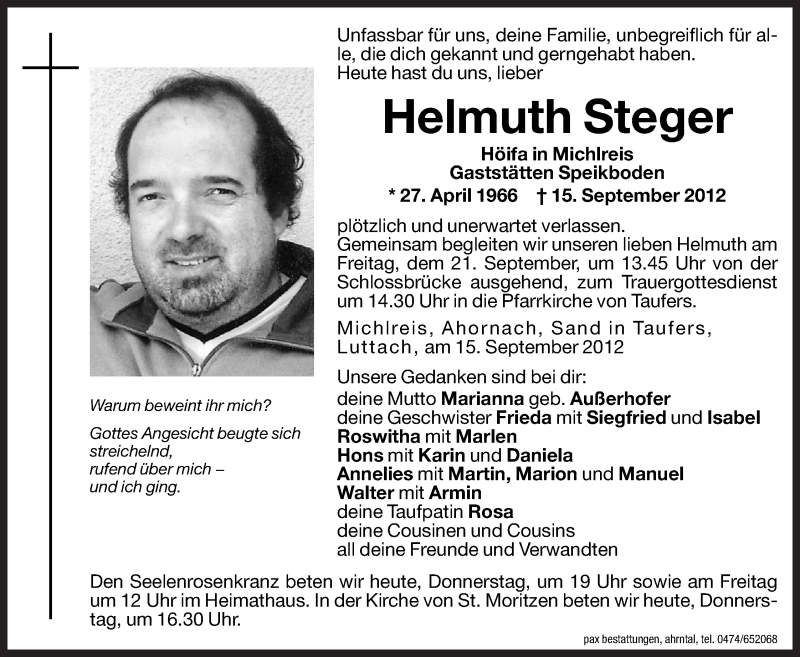  Traueranzeige für Helmuth Steger vom 20.09.2012 aus Dolomiten