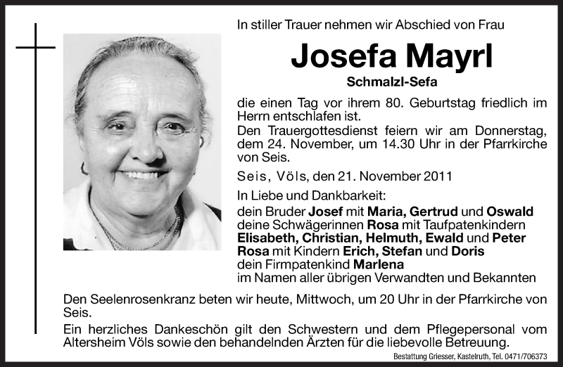  Traueranzeige für Josefa Mayrl vom 23.11.2011 aus Dolomiten