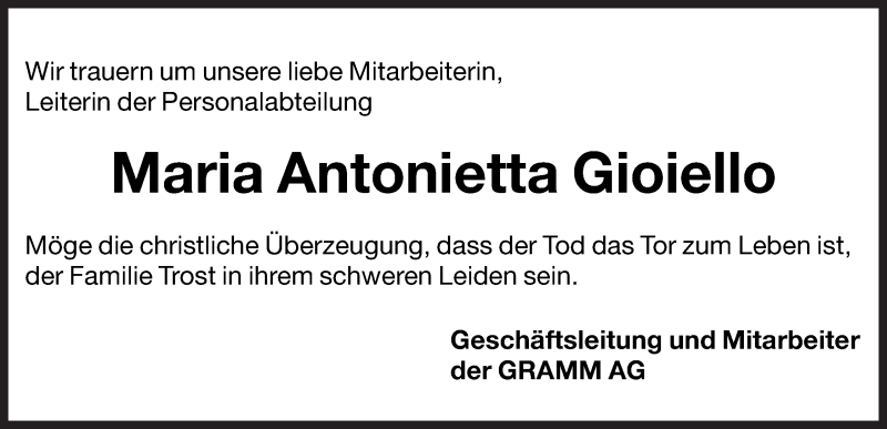  Traueranzeige für Maria Antonietta Gioiello vom 18.09.2012 aus Dolomiten