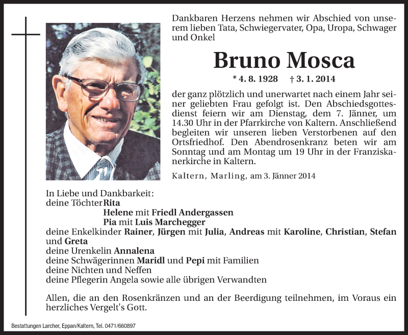  Traueranzeige für Bruno Mosca vom 04.01.2014 aus Dolomiten