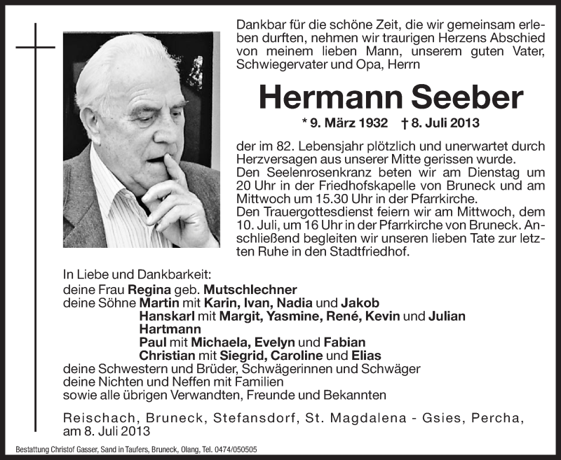  Traueranzeige für Hermann Seeber vom 09.07.2013 aus Dolomiten