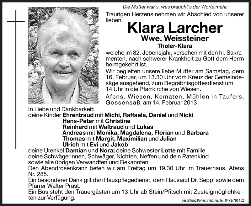  Traueranzeige für Klara  Weissteiner vom 15.02.2013 aus Dolomiten