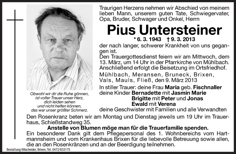  Traueranzeige für Pius Untersteiner vom 11.03.2013 aus Dolomiten