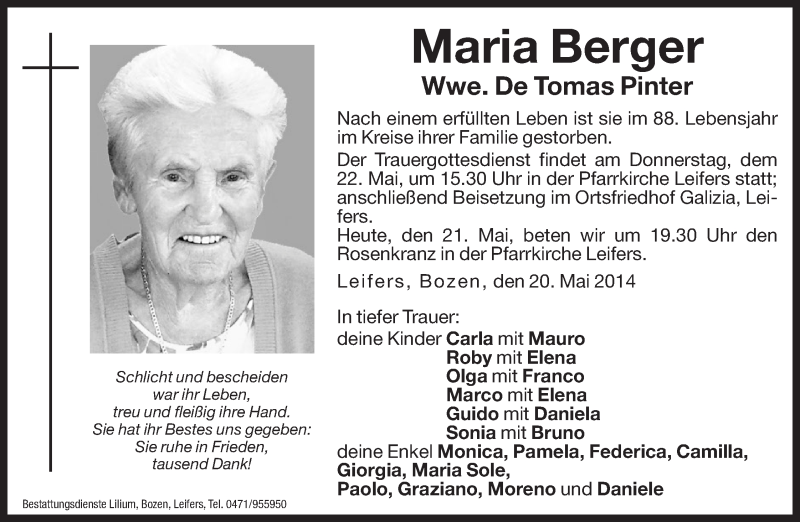  Traueranzeige für Maria De Tomas Pinter vom 21.05.2014 aus Dolomiten