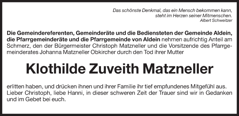  Traueranzeige für Klothilde Zuveith Matzneller vom 23.07.2014 aus Dolomiten