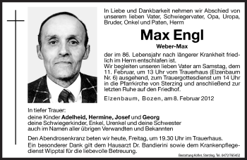 Traueranzeige von Max Engl von Dolomiten